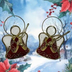 2 Stained Glass Angels Playing Harp Red Tea Light Candle Holder Christmas Decor